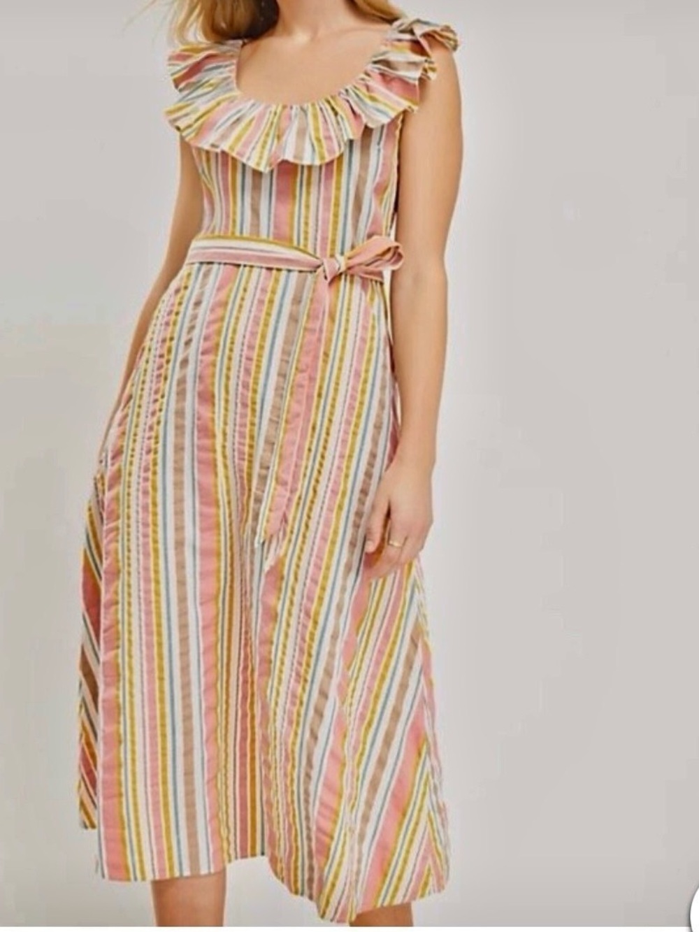 LOFT Multicolor Striped Pink Brown Yellow Ruffle Scoop Neck Midi Dress 6